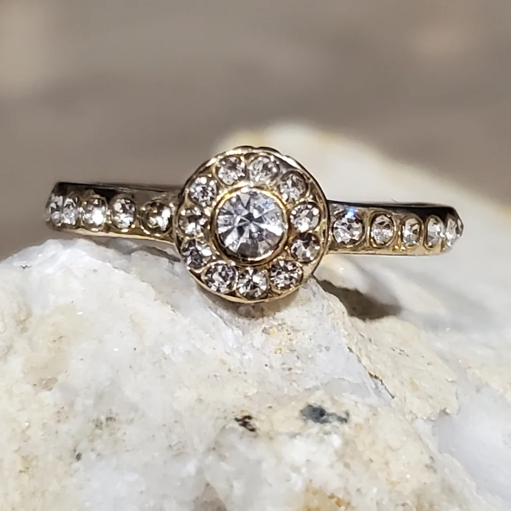 Rhinestone Halo Engagement Ring Pave Solitaire Crystals Goldtone Size 6 3/4